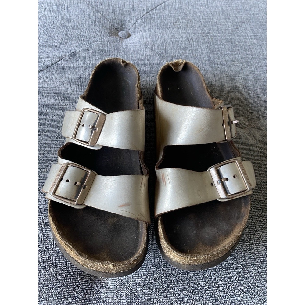 Birkenstock Arizona Metallic Rose Gold Leather Two Strap Sandals Womens 38 (8)